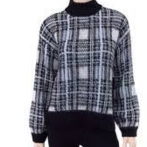 Nine West Boxy Plaid Mock Neck Sweater XL | Blue White Grey Retro Cozy Pullover